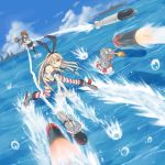  &gt;_&lt; 2girls airplane anchor bandages blonde_hair brown_eyes brown_hair clouds elbow_gloves explosion gloves hair_ornament hair_ribbon half_updo highres inazuma_(kantai_collection) injury innertube kantai_collection machinery multiple_girls mumyuu navel o_o ocean panties personification rensouhou-chan ribbon shimakaze_(kantai_collection) ship sky striped striped_legwear sweatdrop tears thighhighs torn_clothes torpedo triangle_mouth turret underwear water wink yellow_eyes 