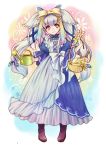  1girl basket blue_hair blush boots bow child copyright_request dress flower frilled_dress frills gondolf hair_bow hair_ribbon holding lei_kirishima long_hair red_eyes ribbon solo standing twintails veil very_long_hair watering_can 