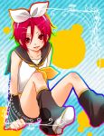  1boy blush cosplay crossdressinging death_trip_21 free! hair_ornament hair_ribbon highres kagamine_rin kagamine_rin_(cosplay) male matsuoka_rin red_eyes redhead ribbon short_hair smile trap vocaloid 