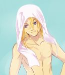  1boy blonde_hair blue_eyes giorno_giovanna hair_down jojo_no_kimyou_na_bouken kanikame long_hair solo towel towel_on_head 