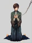  1boy barefoot brown_hair chain chamomile collar copyright_request flower full_body hair_over_one_eye hakama holding japanese_clothes kimono kneeling looking_at_viewer male solo yoshii 