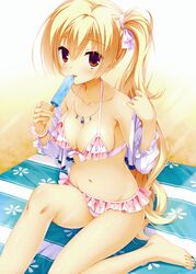  1girl absurdres amairo_islenauts bare_legs bare_shoulders barefoot bikini blonde_hair bracelet breasts cleavage collarbone flower_bracelet frilled_bikini frills highres huge_filesize jewelry kobuichi licking long_hair looking_at_viewer looking_up navel necklace off_shoulder pink_bikini popsicle red_eyes shirley_warwick side_ponytail sitting solo swimsuit tongue tongue_out very_long_hair 