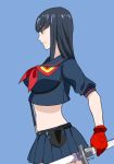  1girl alternate_hair_length alternate_hairstyle black_hair blue_eyes gloves kill_la_kill kiryuuin_satsuki living_clothes matoi_ryuuko matoi_ryuuko_(cosplay) midriff pisshine school_uniform senketsu serafuku short_hair skirt sleeves_rolled_up solo suspenders sword weapon 