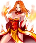 1girl bare_legs bare_shoulders bracelet breasts cleavage defense_of_the_ancients detached_collar detached_sleeves dota_2 earrings fire gem highres jewelry kumiko_(aleron) large_breasts lina_inverse_(dota_2) lips long_hair orange_hair red_eyes showgirl_skirt smile solo 