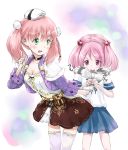 2girls atelier_(series) atelier_escha_&amp;_logy breasts cleavage crossover escha_malier green_eyes hair_bobbles hair_ornament highres jacket kantai_collection look-alike multiple_girls parody personification pink_eyes pink_hair pleated_skirt sazanami_(kantai_collection) school_uniform serafuku skirt tail tail_grab tail_wagging thigh-highs twintails zettai_ryouiki 