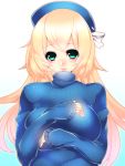 1girl atago_(kantai_collection) blonde_hair blue_eyes blush breasts hat highres kantai_collection large_breasts long_hair long_sleeves looking_at_viewer personification ribbed_sweater smile solo sweater turtleneck turtleneck_sweater yutazou 