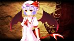  1girl arms_at_sides ascot bat_wings blouse bow buttons cowboy_shot frilled_shirt frills gradient_eyes hair_between_eyes hat hat_bow highres junior27016 large_bow looking_at_viewer mob_cap multicolored_background multicolored_eyes pointy_ears puffy_sleeves purple_hair red_eyes remilia_scarlet ribbon short_sleeves skirt skirt_set smile solo standing touhou wings wristband 
