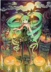  1girl boots cat choker clouds flower full_moon ghost green_eyes green_hair hat hatsune_miku headphones highres jack-o&#039;-lantern lamp_miku lantern long_hair moon mosho night open_mouth skirt solo thigh_boots thighhighs twintails very_long_hair vocaloid witch_hat 