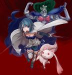  1girl armband armor blue_eyes blue_hair breasts cape cleavage deadcrow dual_wielding gloves hair_ornament hairclip highres kyubey magical_girl mahou_shoujo_madoka_magica mahou_shoujo_madoka_magica_movie miki_sayaka oktavia_von_seckendorff open_mouth short_hair spoilers sword thighhighs weapon 
