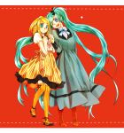  2girls absurdly_long_hair blonde_hair blue_eyes boots cross-laced_footwear dress green_eyes green_hair hair_ornament hairclip hatsune_miku highres holding_hands kagamine_rin lace-up_boots letterboxed long_hair multiple_girls open_mouth red_background rose09 short_hair thighhighs twintails very_long_hair vocaloid wink yellow_legwear 