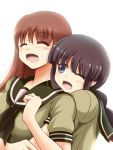  azumaya_hironaru bangs black_eyes blonde_hair blunt_bangs blush braid brown_hair hug hug_from_behind kantai_collection kitakami_(kantai_collection) long_hair ooi_(kantai_collection) personification school_uniform serafuku single_braid smile 