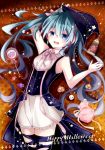  1girl aqua_hair arms_up blue_eyes blue_hair candy halloween hat hatsune_miku long_hair open_mouth skirt solo tasasan thigh-highs twintails very_long_hair vocaloid witch_hat 