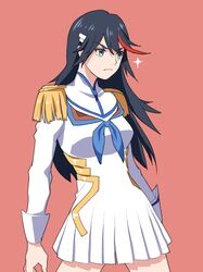  1girl alternate_hair_length alternate_hairstyle black_hair blue_eyes dress epaulettes hair_ornament hairclip junketsu kill_la_kill kiryuuin_satsuki kiryuuin_satsuki_(cosplay) long_hair matoi_ryuuko pisshine solo uniform 