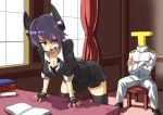  1boy 1girl admiral_(kantai_collection) bent_over book breasts cleavage commentary crossed_arms eyepatch fingerless_gloves gloves headgear kantai_collection large_breasts mimuni362 naval_uniform open_mouth personification purple_hair short_hair sitting tenryuu_(kantai_collection) thighhighs yellow_eyes 