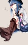  1girl blue_hair boots chin_rest crossed_legs_(sitting) hat high_heels highres hinanawi_tenshi long_hair red_eyes rough solo touhou yarawi 