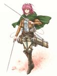  1girl cape cosplay dual_wielding piku pink_hair red_eyes shakugan_no_shana shingeki_no_kyojin short_hair sword weapon wilhelmina_carmel 