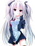  1girl blush breasts hair_ribbon highres licking_lips long_hair red_eyes reon_nowon ribbon silver_hair solo thighhighs tongue twintails 