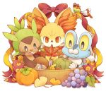  autumn basket bow chespin chestnut creature fennekin food froakie fruit grapes leaf looking_at_viewer looking_down maple_leaf no_humans orange_eyes pokemon pokemon_(creature) pokemon_(game) pokemon_xy pumpkin ribbon sitting smile uppi white_background yanma yellow_sclera 