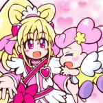  2girls ai-chan_(dokidoki!_precure) aida_mana arm_warmers baby blonde_hair bow choker closed_eyes cure_heart curly_hair dokidoki!_precure earrings guardias half_updo jewelry long_hair magical_girl multiple_girls outstretched_hand pink_eyes pink_hair precure ribbon short_hair smile wings 