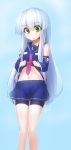  1girl aoki_hagane_no_arpeggio artist_name azalanz blue_background blue_hair dated detached_sleeves expressionless green_eyes highres holding iona long_hair looking_down midriff miniskirt navel necktie sailor shirt_lift sketch skirt solo spandex very_long_hair 