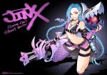  1girl aqua_hair bare_shoulders bikini_top blue_hair braid fingerless_gloves fishine flat_chest gloves jewelry jinx_(league_of_legends) league_of_legends long_hair nail_polish navel necklace smile solo tattoo thighhighs twin_braids very_long_hair violet_eyes weapon 