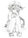  1girl animal_ears between_legs bow cat_ears cat_tail chen covering covering_crotch dress ear_piercing hand_between_legs highres jewelry long_sleeves looking_at_viewer mob_cap monochrome multiple_tails open_mouth oshake pencil_crayon_(medium) piercing pigeon-toed shirt single_earring sitting solo tail touhou wink 