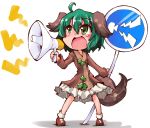  1girl ahoge animal_ears brown_dress dress green_eyes green_hair kasodani_kyouko long_sleeves megaphone open_mouth road_sign screaming shinapuu sign simple_background solo tail touhou white_background 