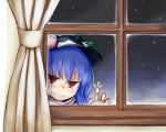  &gt;:) 1girl blush curtains face food fruit grin hat hinanawi_tenshi leaf long_hair nice red_eyes smile snow solo tapping touhou window 