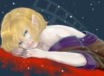  1girl bare_back bare_shoulders blonde_hair blood bloody_tears expressionless eyelashes fingers_together green_eyes light_particles lips looking_at_viewer lying mizuhashi_parsee off_shoulder on_stomach pointy_ears railingblue_background red_thread rog92 short_hair simple_background solo touhou 