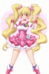 1girl blonde_hair boots choker corset cure_peach earrings fresh_precure! frills heart_hair_ornament highres jewelry knee_boots long_hair magical_girl momozono_love pink_eyes precure skirt smile solo t2r twintails wrist_cuffs 