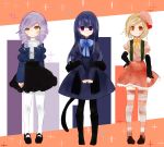  3girls adapted_costume black_legwear blonde_hair blue_hair boots bow cat_tail cravat dlanor_a_knox dress drill_hair emon11 frederica_bernkastel grin hat juliet_sleeves lambdadelta long_sleeves mary_janes multiple_girls pantyhose puffy_sleeves purple_hair red_eyes shoes smile striped striped_legwear tail thigh-highs umineko_no_naku_koro_ni violet_eyes white_legwear yellow_eyes 