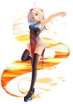  1girl :3 arm_behind_head black_legwear blonde_hair blue_eyes china_dress chinese_clothes clog_sandals dress highres original outstretched_arm platform_footwear see-through soratobuiltusa thighhighs 