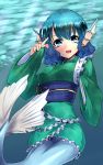 1girl blue_eyes blue_hair doyouwantto head_fins japanese_clothes kimono long_sleeves looking_at_viewer mermaid monster_girl obi open_mouth smile solo touhou wakasagihime wide_sleeves 