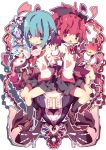  2girls apple blue_eyes blue_hair candy charlotte_(madoka_magica) dango_mushi food fruit heart licking_lips lollipop long_hair mahou_shoujo_madoka_magica miki_sayaka multiple_girls oktavia_von_seckendorff ponytail red_eyes redhead sakura_kyouko school_uniform short_hair sitting walpurgisnacht_(madoka_magica) 