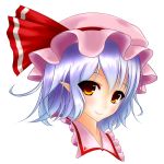  blue_hair bow collared_shirt face frilled_shirt frills gradient_eyes hat hat_bow junior27016 looking_at_viewer mob_cap multicolored_eyes orange_eyes pointy_ears portrait remilia_scarlet smile touhou 