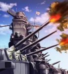  battleship cannon clouds firing imperial_japanese_navy japanese_flag kotsuka military muzzle_flash no_humans rising_sun ship turret world_war_ii yamato 