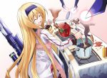  apron bibi blonde_hair cecilia_alcott closed_eyes cooking hairband infinite_stratos kitchen ladle long_hair messy pot uniform 