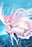  1girl absurdres bow dress gloves goddess_madoka hair_bow hands_together herr_meer highres interlocked_fingers kaname_madoka long_hair magical_girl mahou_shoujo_madoka_magica pink_hair sky smile solo spoilers thighhighs twintails wind yellow_eyes 