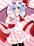  :d ascot bat_wings black_legwear blouse blue_hair blush bow collared_shirt dress fingernails frilled_dress frilled_shirt frilled_skirt frills hat hat_bow highres junior27016 large_bow mob_cap open_mouth pink_background pointy_ears red_eyes remilia_scarlet ribbon skirt skirt_set smile standing striped striped_background thigh-highs touhou turning_head wings wristband zettai_ryouiki 