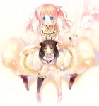  2girls :d animal_ears ankle_lace-up bell black_legwear blonde_hair blue_eyes blush cat_ears cat_tail couch cross-laced_footwear flower garters green_eyes in_palm kneehighs minigirl miwabe_sakura multiple_girls open_mouth original shoes single_kneehigh sitting smile tail tail_bell twintails 