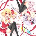 2girls adapted_costume album_cover bat_wings black_legwear blonde_hair bow cover dress fang flandre_scarlet flower hair_bow hair_flower hair_ornament highres lavender_hair looking_at_viewer lying multiple_girls no_hat on_side open_mouth petals pink_dress pink_eyes red_eyes red_string remilia_scarlet shirt siblings side_ponytail sisterakuma sisters skirt skirt_set sleeveless sleeveless_dress sleeveless_shirt smile string thighhighs tongue tongue_out touhou upside-down wings wrist_cuffs wrist_ribbon zettai_ryouiki 