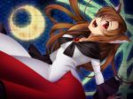  1girl aldiana animal_ears blush brown_hair dress imaizumi_kagerou long_hair long_sleeves moon night night_sky open_mouth red_eyes sky smile solo touhou wolf_ears 