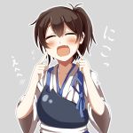  1girl 96neko96 armor blush brown_hair closed_eyes fang fingers_to_cheeks highres japanese_clothes kaga_(kantai_collection) kantai_collection muneate open_mouth personification ponytail side_ponytail solo 