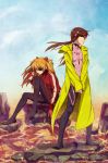  blonde_hair blue_eyes blue_sky breasts brown_hair clouds eyepatch glasses hairband hairpods highres jacket looking_afar looking_at_viewer makinami_mari_illustrious medium_request mimana neon_genesis_evangelion ocean plugsuit rebuild_of_evangelion rock sitting_on_rock sky soda_can souryuu_asuka_langley standing trench_coat wind 