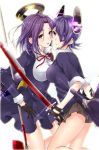  2girls blush breast_press halberd headgear kantai_collection long_sleeves looking_at_viewer mechanical_halo multiple_girls okia personification pleated_skirt polearm purple_hair skirt sword symmetrical_docking tatsuta_(kantai_collection) tenryuu_(kantai_collection) violet_eyes weapon yellow_eyes 