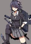  1girl cannon eyepatch grey_background highres kantai_collection koenza_botoke necktie personification pleated_skirt short_hair skirt smile solo tenryuu_(kantai_collection) thighhighs turret 