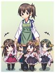  5girls bare_shoulders black_hair blue_eyes brown_eyes brown_hair chibi detached_sleeves glasses hairband haruna_(kantai_collection) hiei_(kantai_collection) highres japanese_clothes kaga_(kantai_collection) kantai_collection kirishima_(kantai_collection) kongou_(kantai_collection) multiple_girls nontraditional_miko open_mouth personification red_eyes ribbon_trim siblings side_ponytail sisters thighhighs wide_sleeves younger yuuki_keisuke 