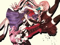  2girls axe cellphone corset crossover gasai_yuno mirai_nikki multiple_girls phone pink_eyes pink_hair red_eyes shiki shimizu_megumi thighhighs twintails vampire weapon 