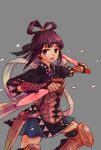  1girl :d armor bow brown_eyes brown_hair dagger dual_wielding fingerless_gloves furiko gensou_suikoden gensou_suikoden_v gloves grey_background hair_bow hair_ornament knee_pads large_bow looking_at_viewer miakis open_mouth reverse_grip sheath simple_background skirt smile solo thigh-highs weapon zettai_ryouiki 