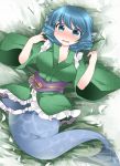  1girl blue_eyes blue_hair breasts hammer_(sunset_beach) head_fins japanese_clothes kimono long_sleeves lying mermaid monster_girl obi on_bed open_mouth short_hair solo touhou wakasagihime wide_sleeves 